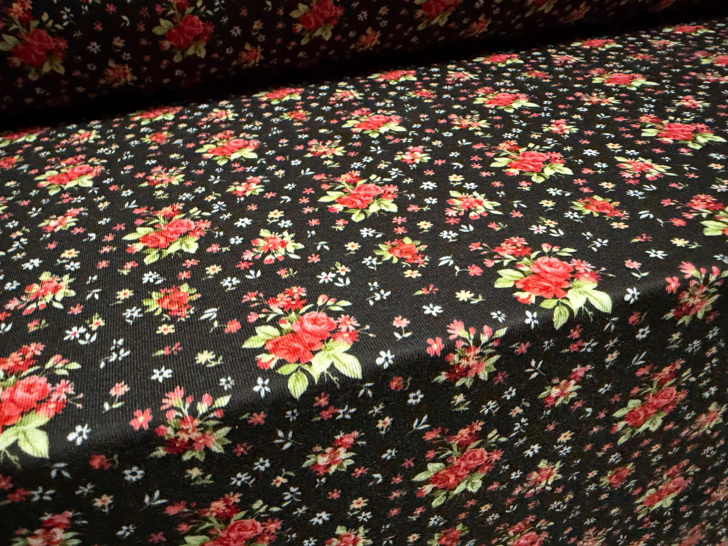 Soft handle stretch single jersey fashion fabric, per metre - ditsy rose print - black & red