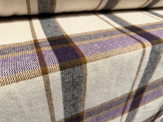Heavyweight wool coat jacket fabric, per metre - yarn dyed plaid - cream purple & brown