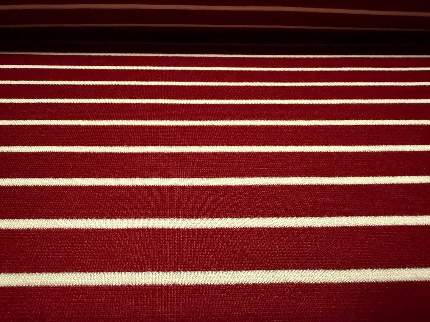 Ponte Roma double jersey knit stretch fabric, per metre - stripe - burgundy & ivory