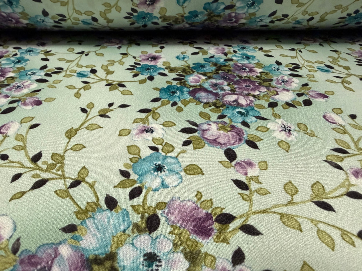 Stretch spandex crepe single jersey dress fabric, per metre - floral print - mint & violet
