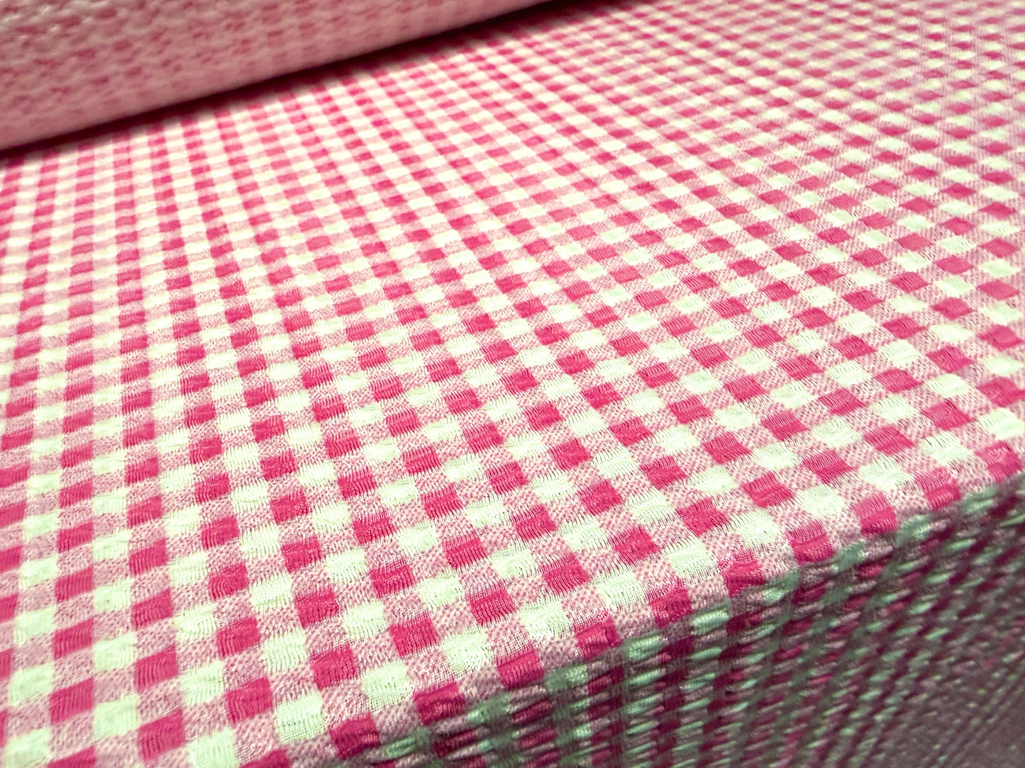 Stretch spandex jersey jacquard fabric, per metre - gingham print - pink & white