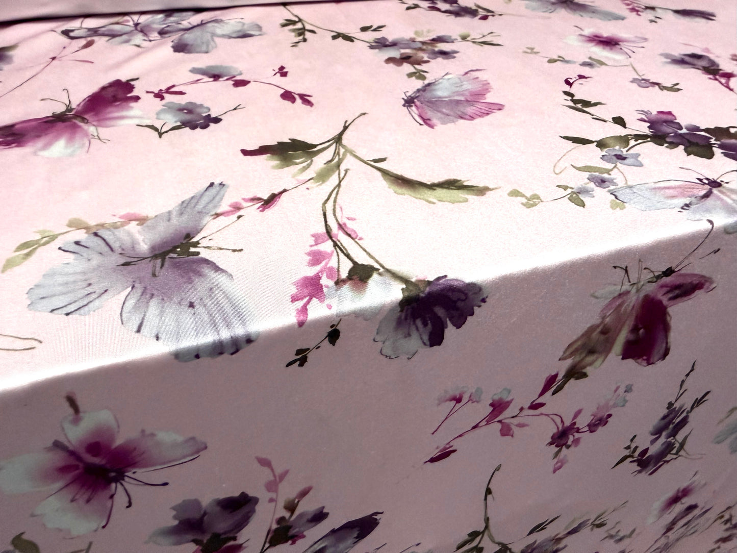 Swimwear stretch spandex jersey fabric, per metre - butterfly garden print - lilac & pink