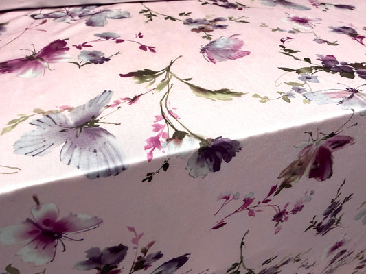 Swimwear stretch spandex jersey fabric, per metre - butterfly garden print - lilac & pink