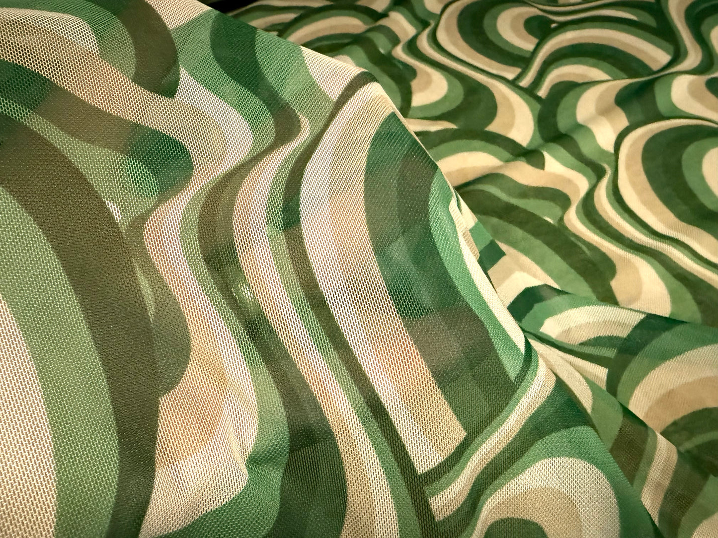 Power mesh net stretch spandex fabric, per metre - retro swirl print - green & beige