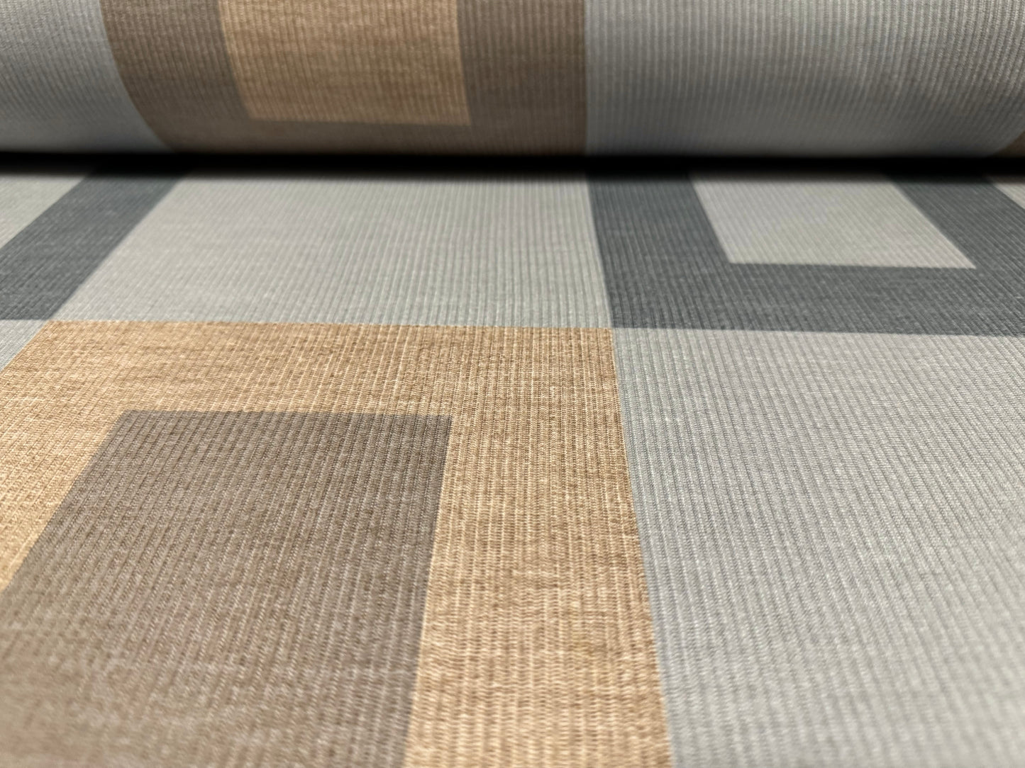 Soft handle ribbed jersey fabric, per metre - geometric print - grey & beige