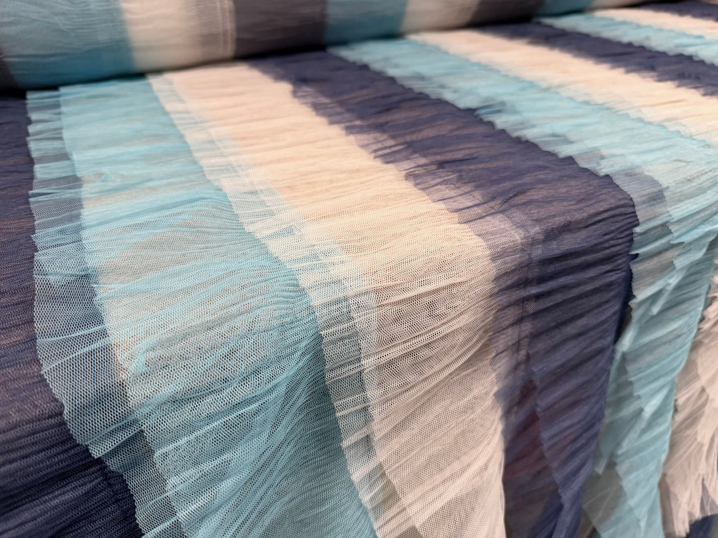 Layered tulle mesh net fabric, per metre - stripe - navy, sky blue & white