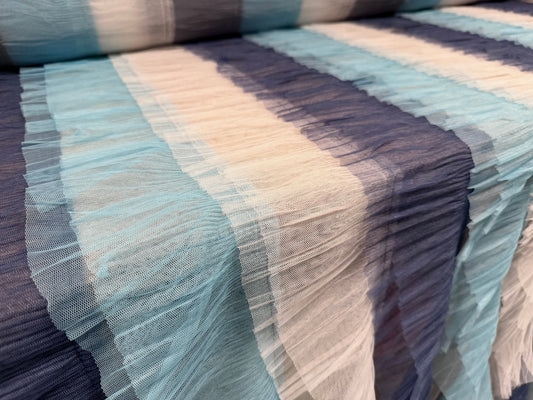Layered tulle mesh net fabric, per metre - stripe - navy, sky blue & white