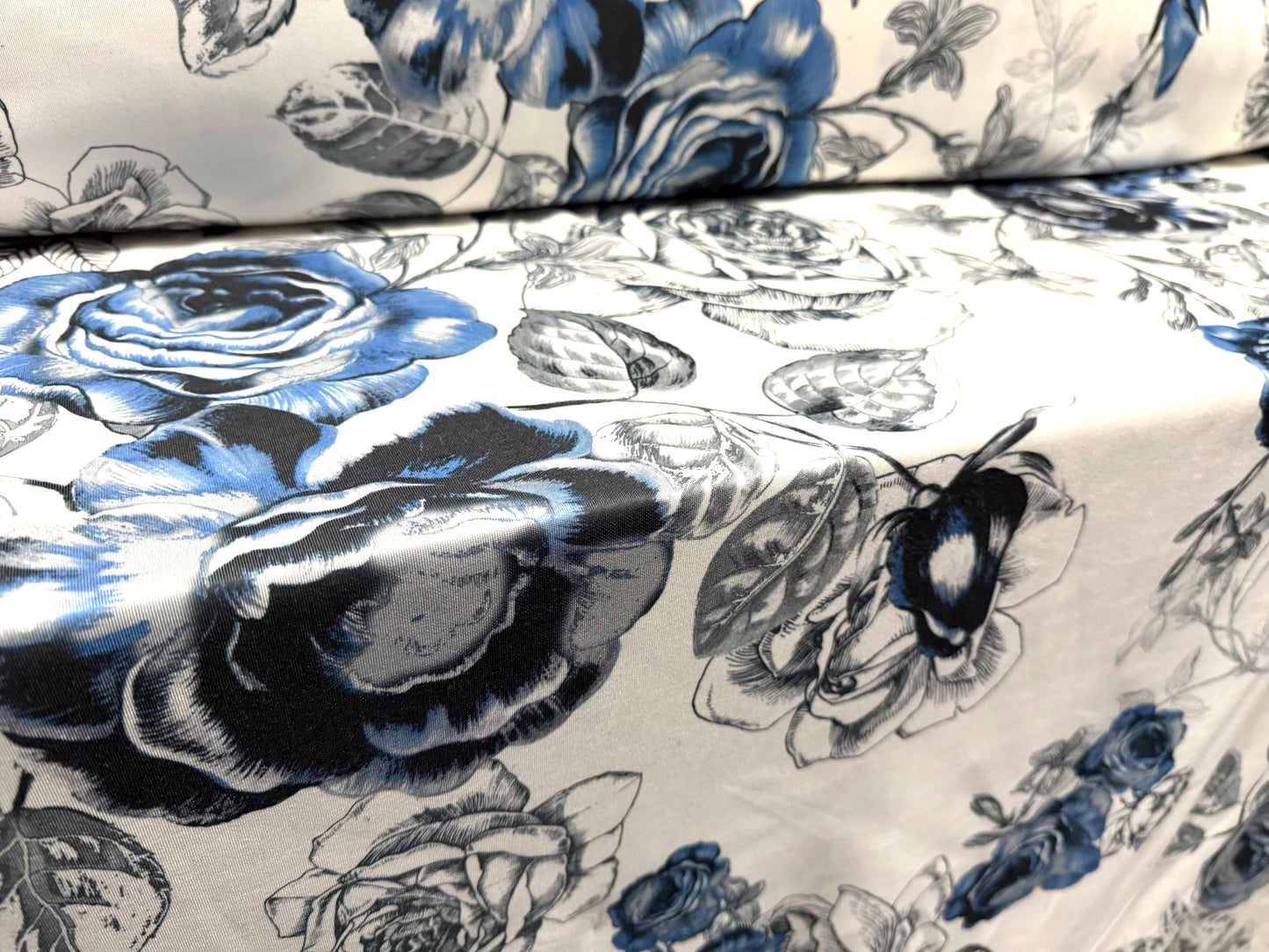 Scuba stretch double jersey fashion fabric, per metre - rose print - ivory grey & blue