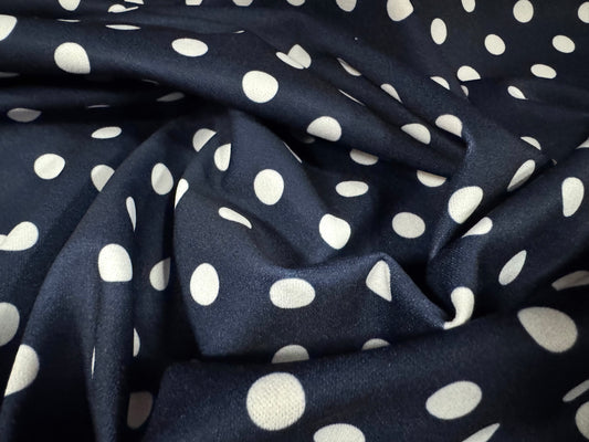 Scuba stretch spandex double jersey dress fabric, per metre - polka dot print - dark navy blue