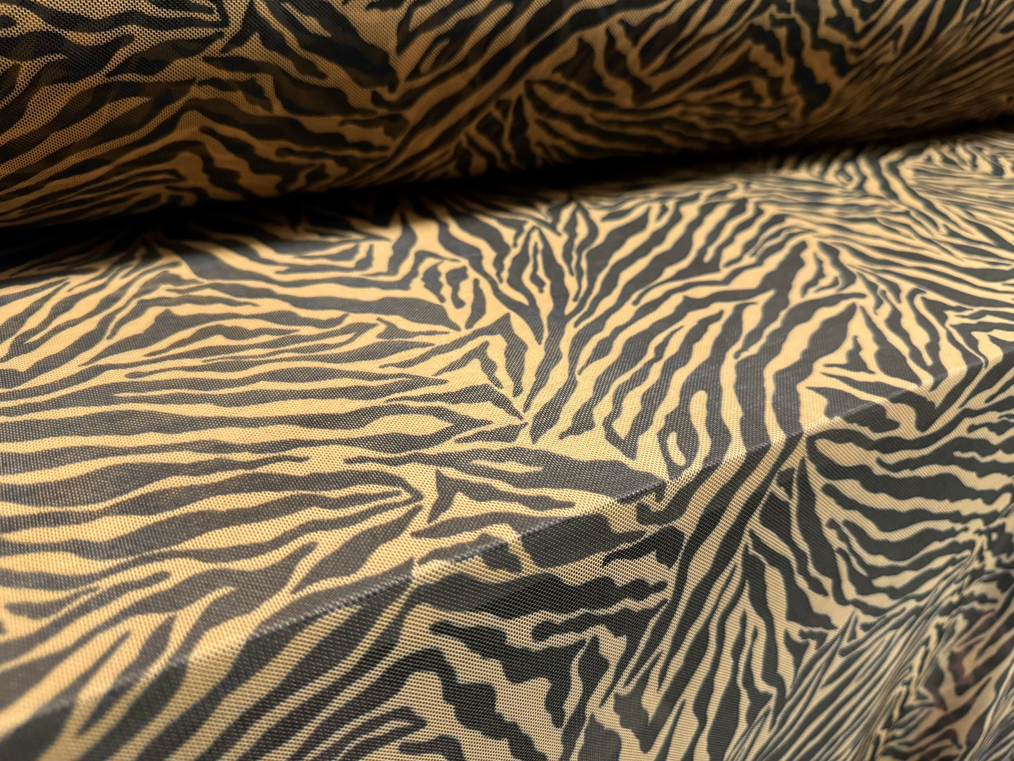 Power mesh net stretch spandex fabric, per metre - zebra animal print - light brown