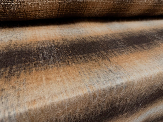 Wool faux fur fabric, per metre - distressed plaid - brown