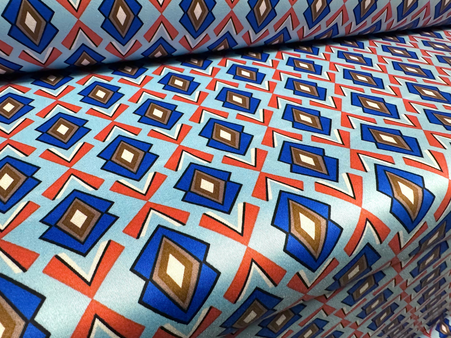 Cotton stretch sateen fabric, per metre - Aztec print - blue & orange