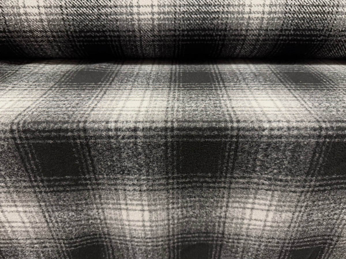 Wool flannel fabric, per metre - tartan check - black & grey