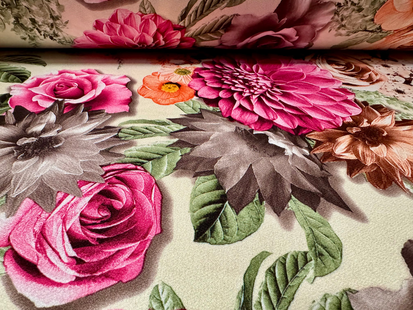 Stretch spandex crepe single jersey dress fabric, per metre - carnations and roses print - pistachio cream & pink