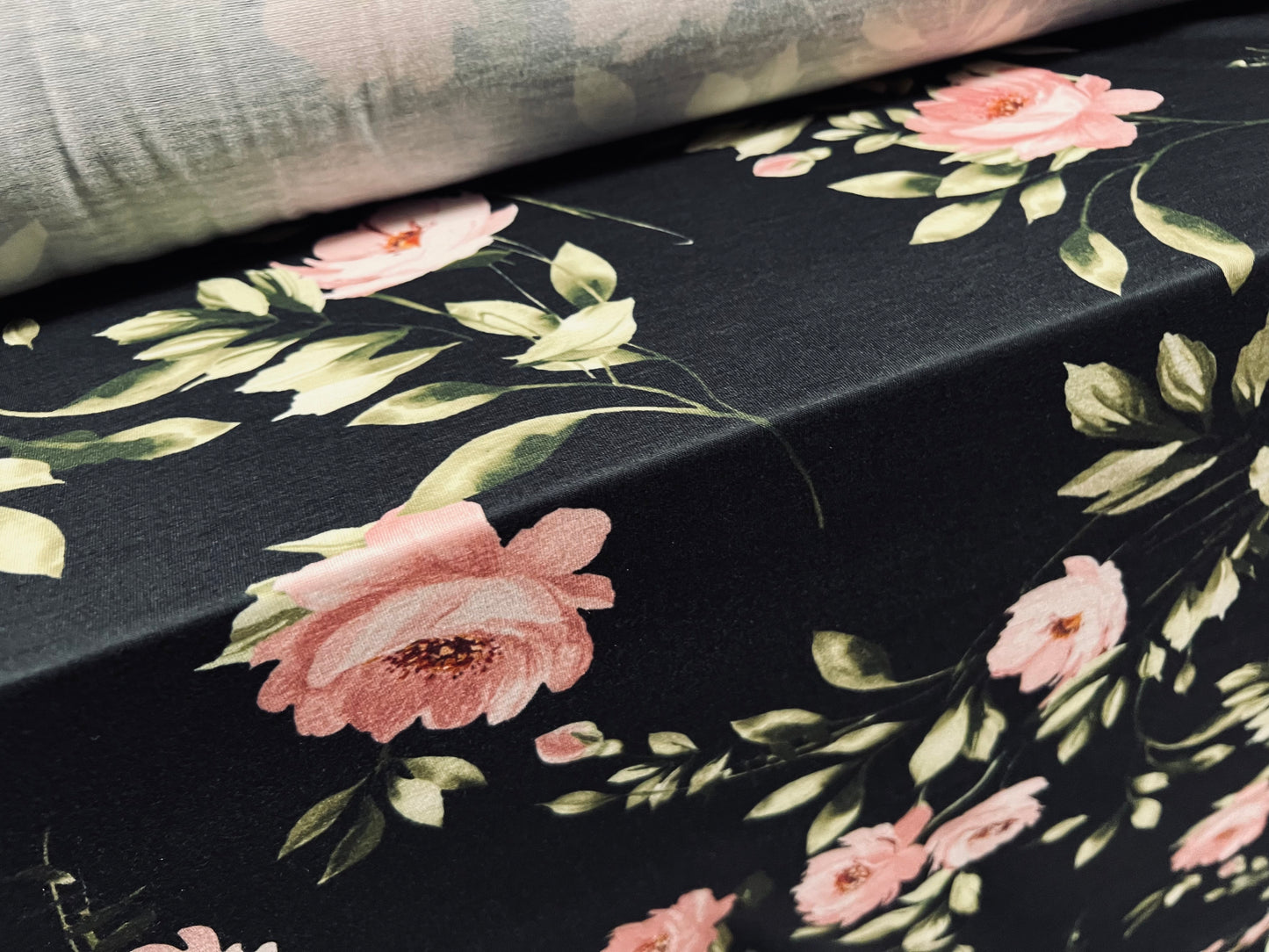 Soft handle single jersey fabric, per metre - rose flower print - black & pink