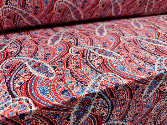 Soft touch stretch spandex single jersey fabric, per metre - paisley print - red & blue