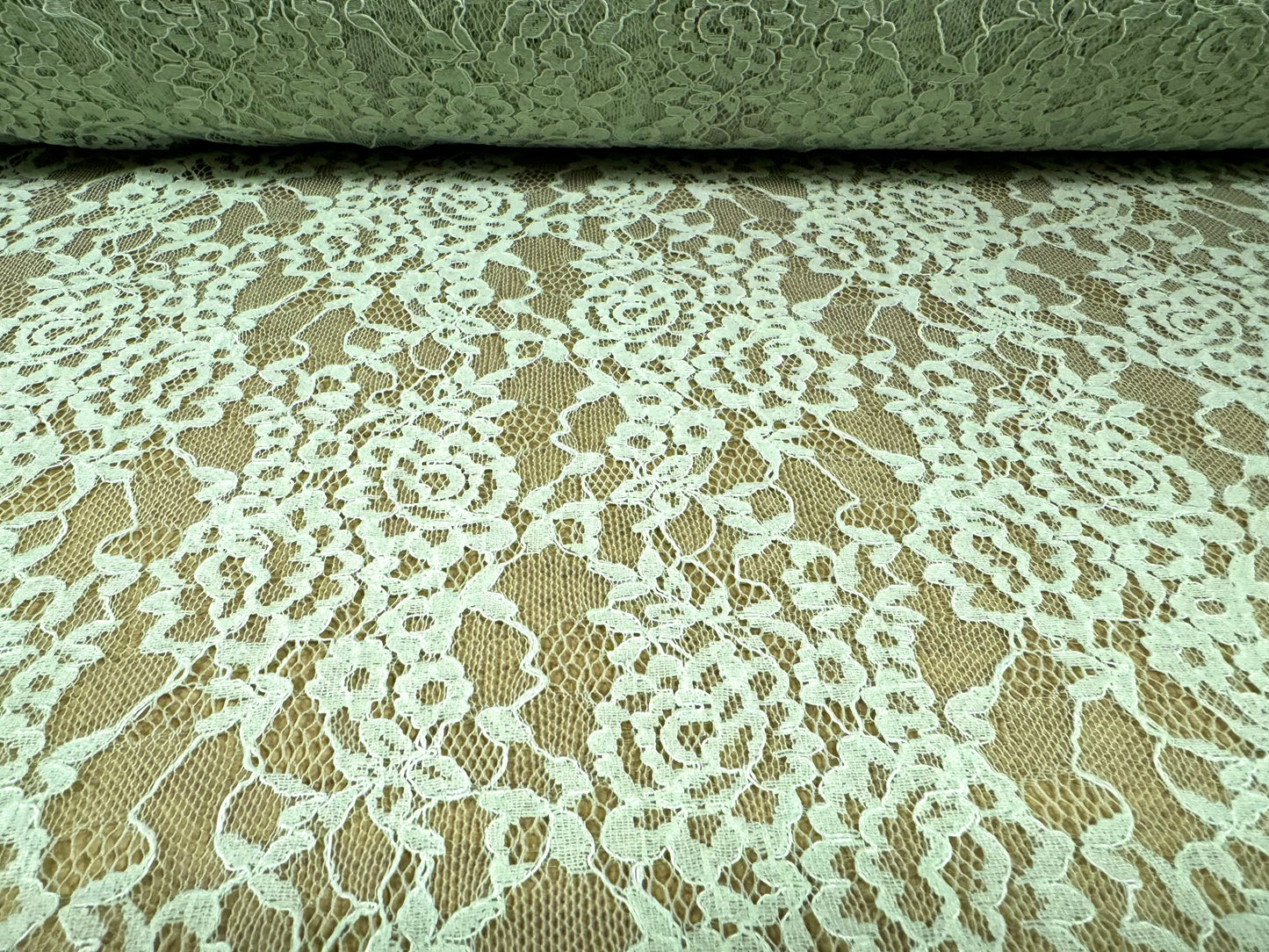 Lace dress fabric, per metre - floral rose design - mint green