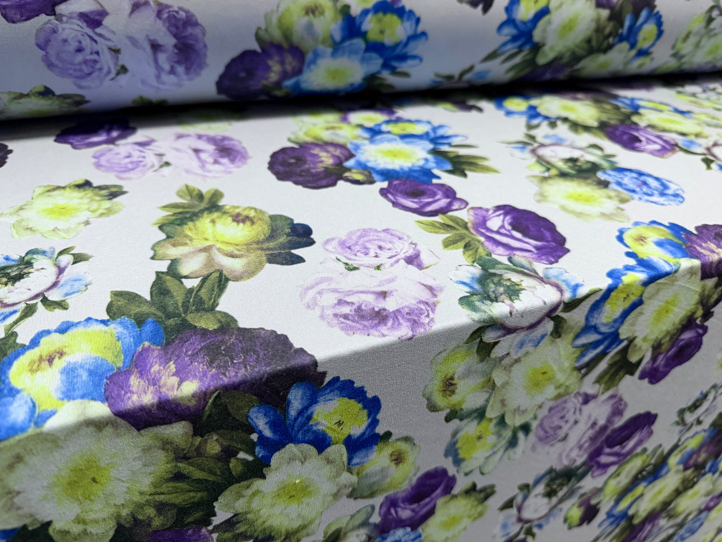ITY stretch spandex single jersey fabric, per metre - rose print - blue & purple