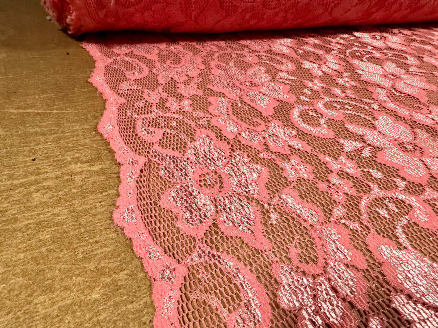 Stretch spandex lace dress fabric with scalloped selvedge, per metre - floral - flamingo pink