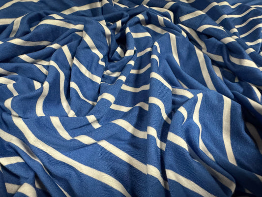 Viscose spandex stretch single jersey fabric, per metre - stripe - cornflower blue & white