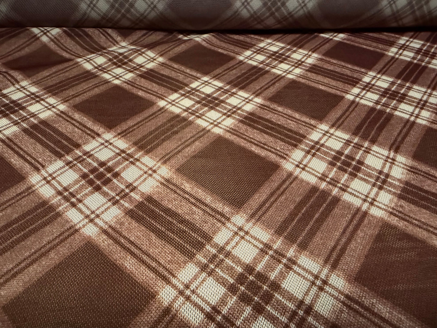 Power mesh net stretch spandex fabric, per metre - Argyle check print - chestnut brown