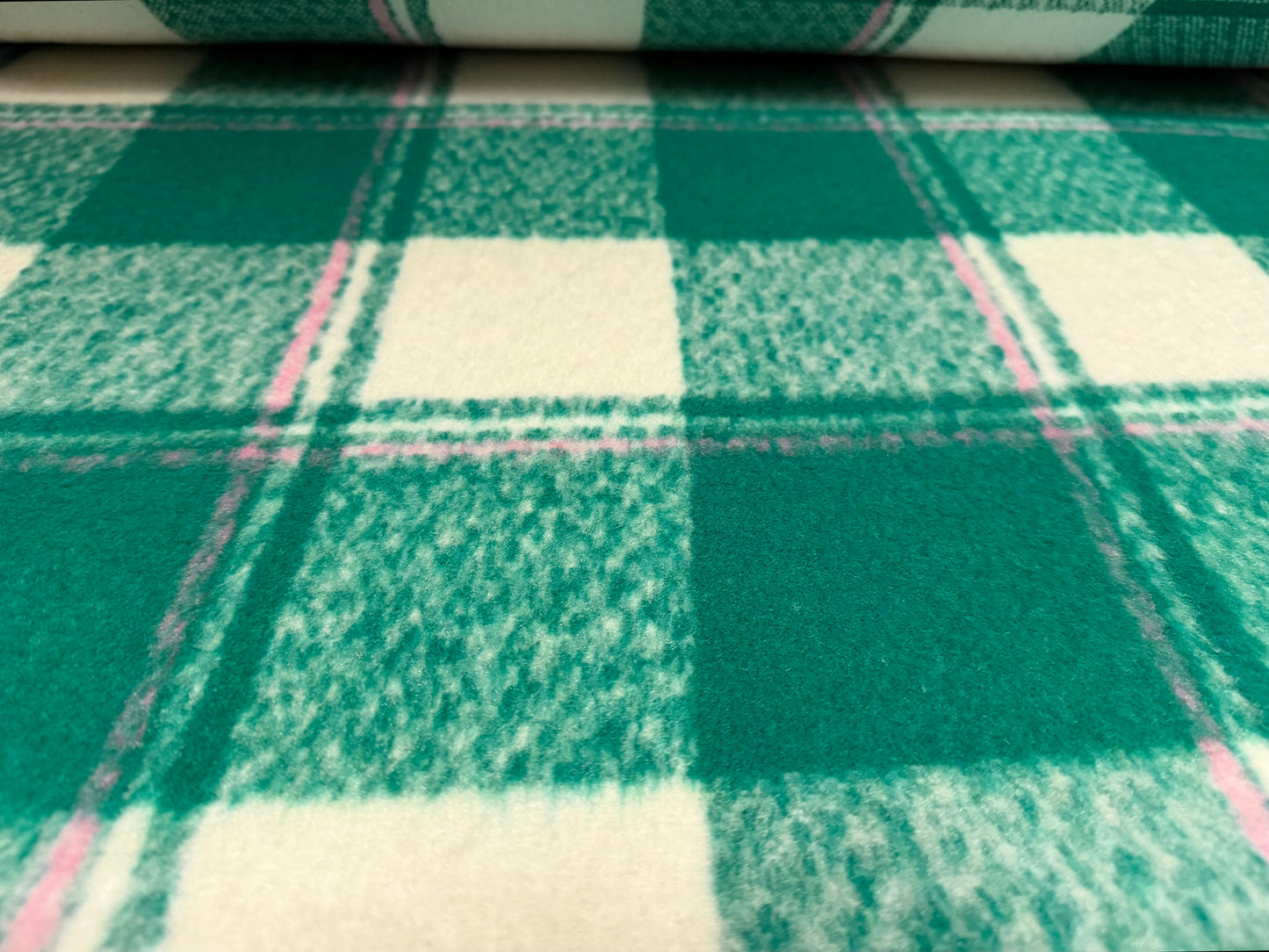 Heavyweight wool flannel brushed coat jacket fabric, per metre - plaid check - green white & pink