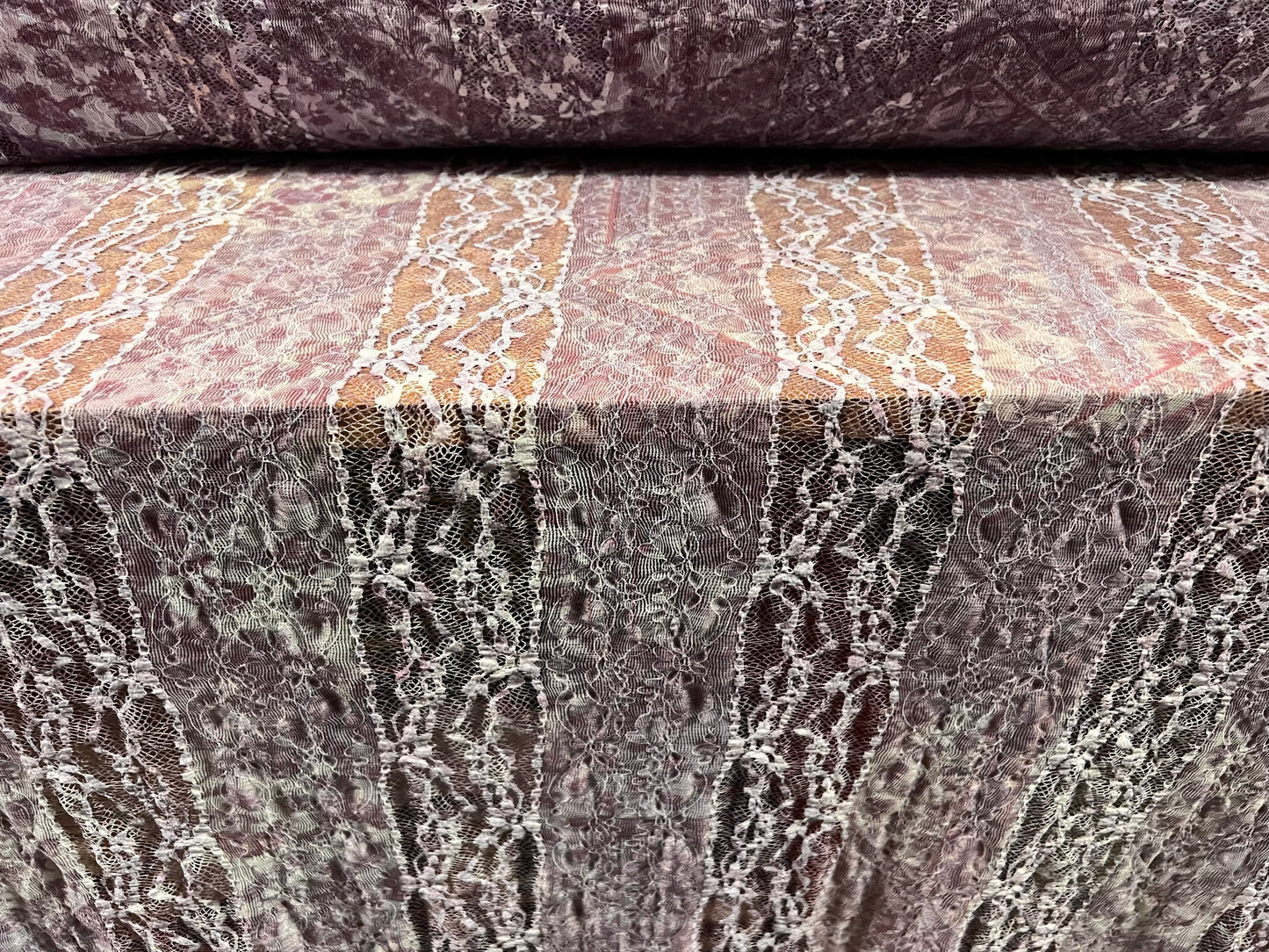 Stretch spandex lace fabric, per metre - paisley print with floral stripe - lilac