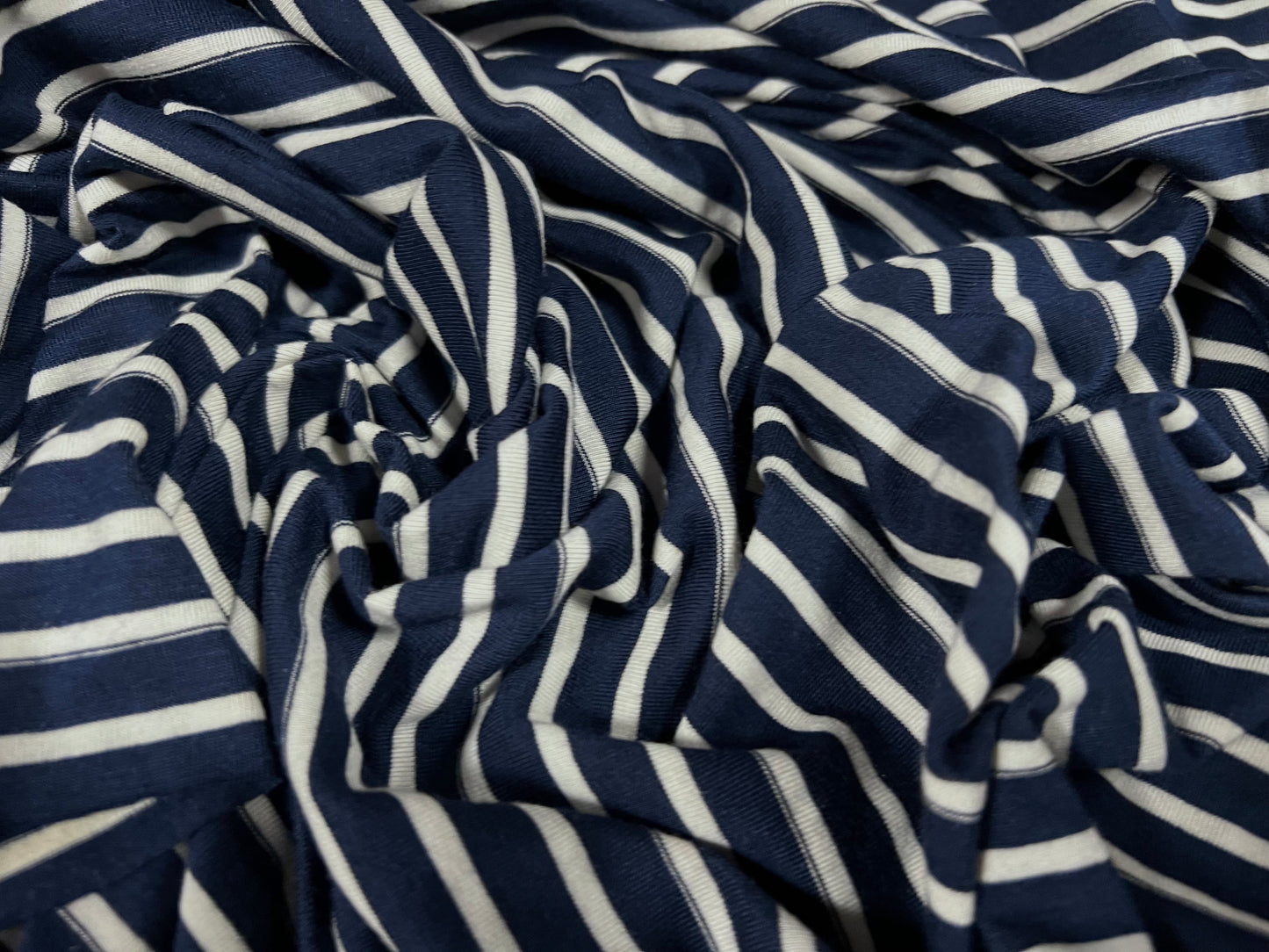 Viscose spandex stretch single jersey fabric, per metre - stripe - navy blue & white