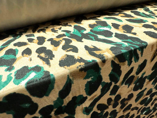 Spandex velvet stretch dress fabric, per mere - stylised cheetah print - light gold & emerald green