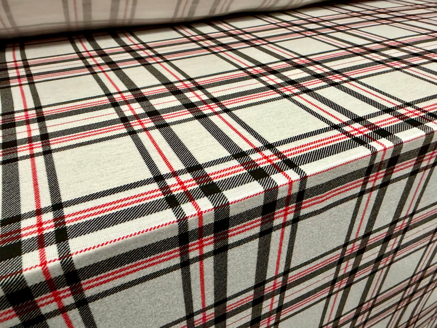Viscose spandex stretch jersey fabric, per metre - tartan check print - white red & black