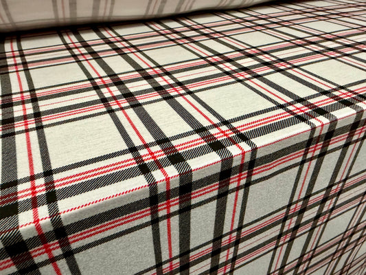 Viscose spandex stretch jersey fabric, per metre - tartan check print - white red & black