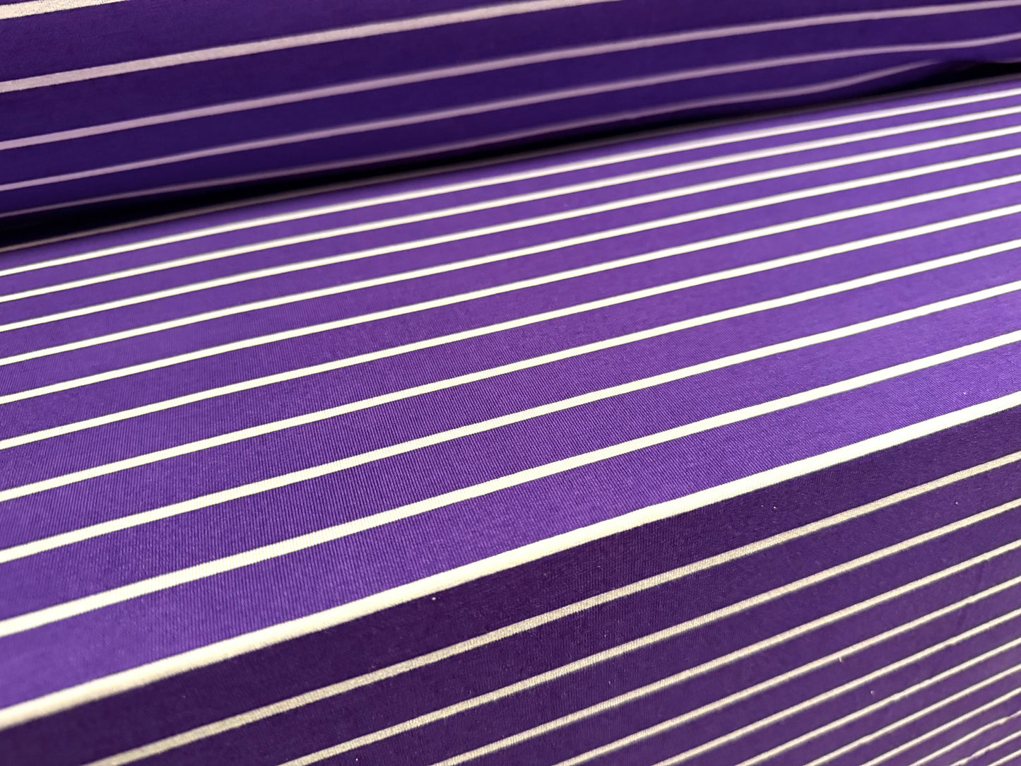 Viscose spandex stretch single jersey fabric, per metre - printed stripe - purple & white