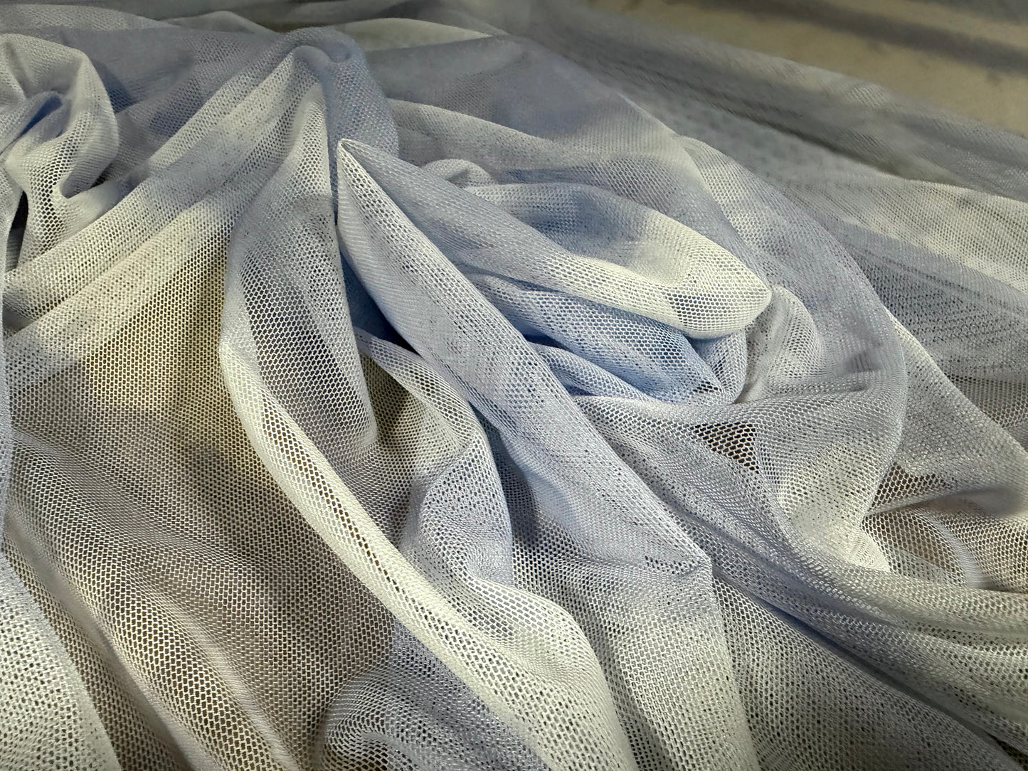 Power mesh net stretch spandex fabric, per metre - diagonal stripe print - Sky blue