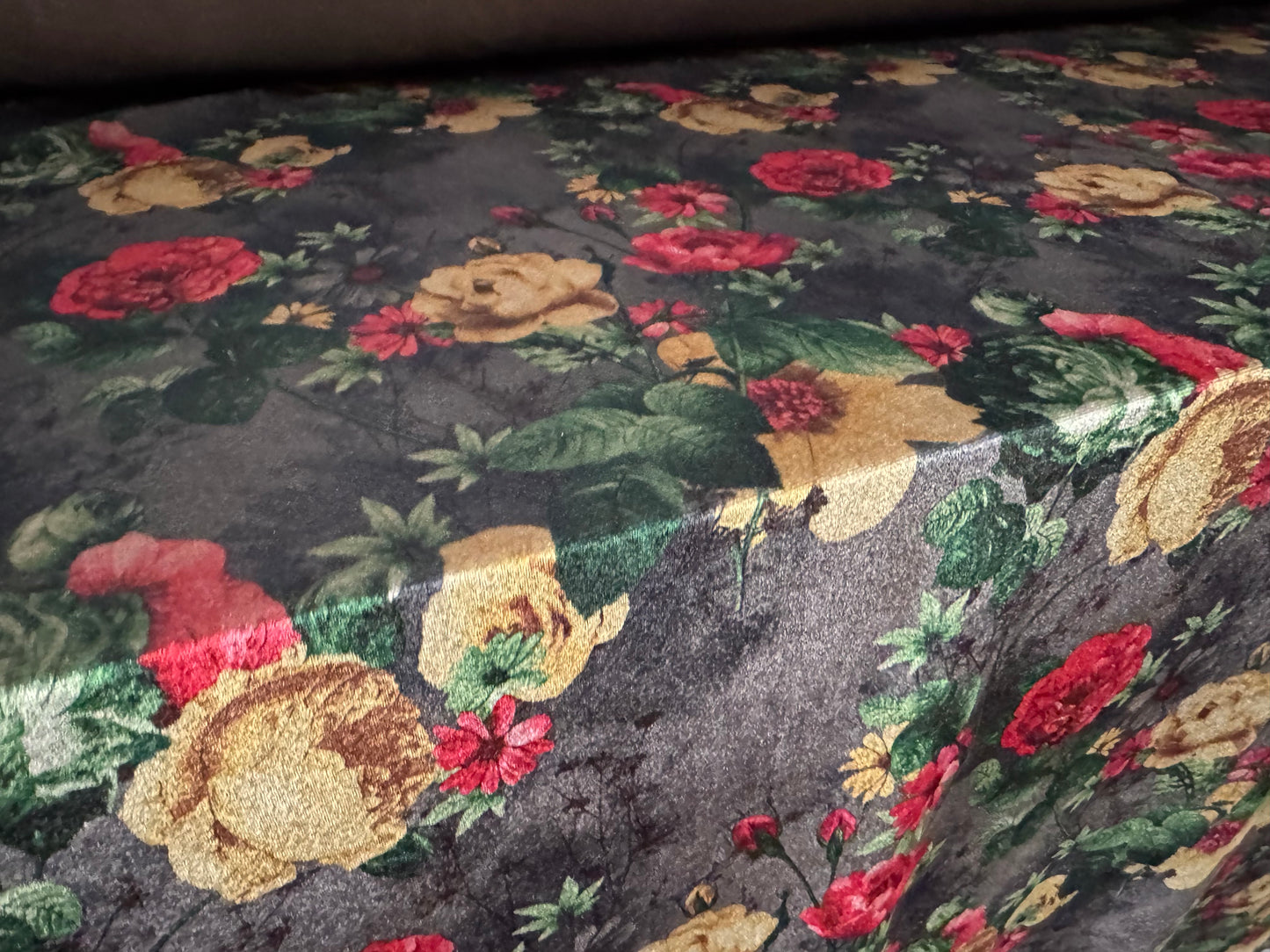 Spandex velvet stretch dress fabric, per metre - roses print - dark grey gold & red