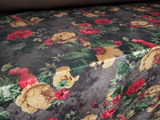 Spandex velvet stretch dress fabric, per metre - roses print - dark grey gold & red