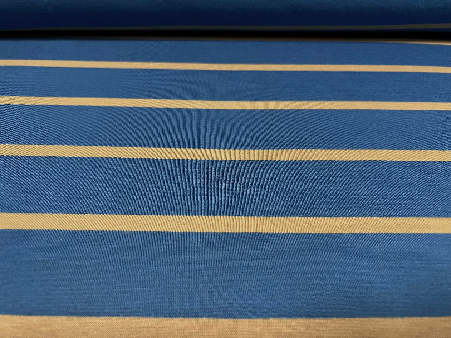 Viscose spandex stretch single jersey fabric, per metre - stripe - blue & stone