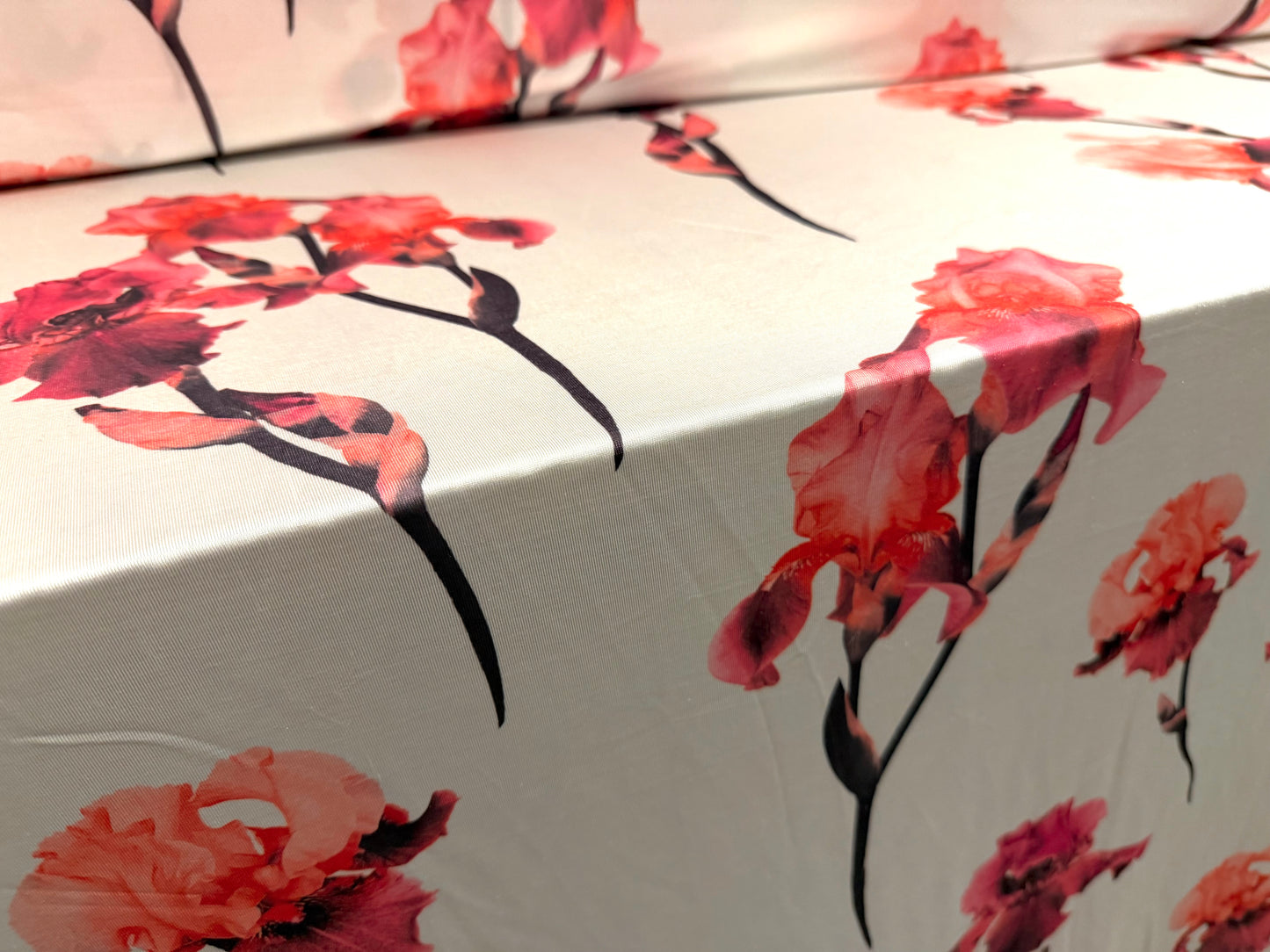 Stretch spandex single jersey fabric, per metre - iris flower print - cream & pink