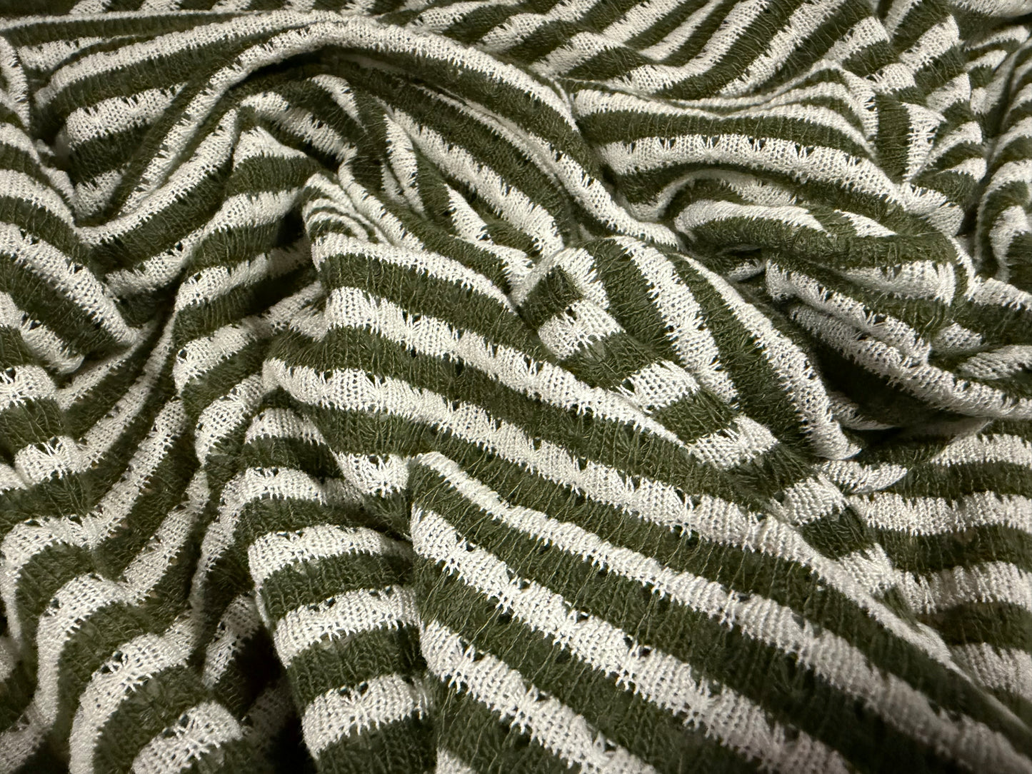Crochet knit jersey fabric, per metre - stripe - khaki green & ivory