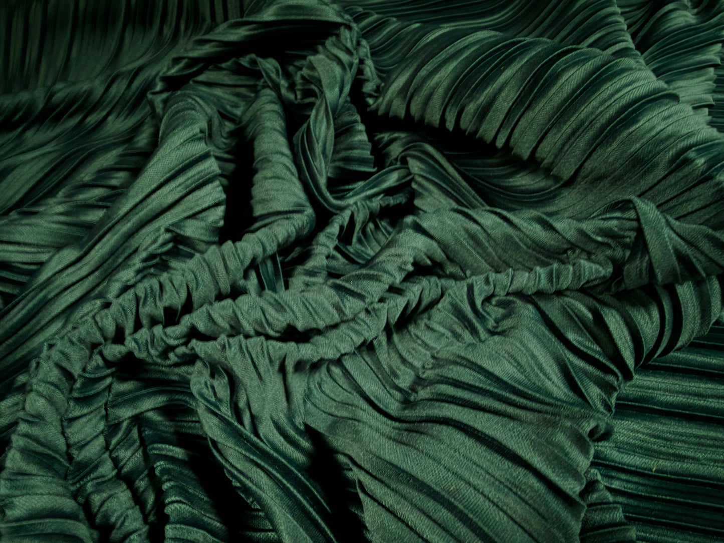 Plissé pleated stretch satin dress fabric, per metre - plain - bottle green