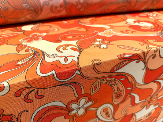 Power mesh net stretch spandex fabric, per metre - hippy swirl print - orange & beige