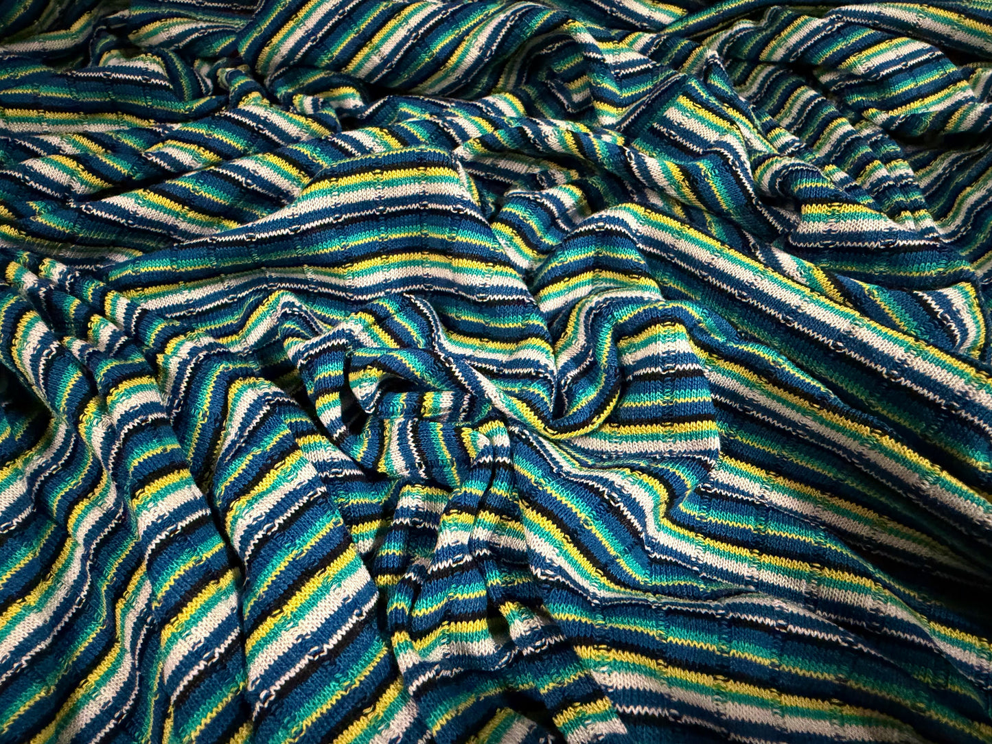 Ribbed knitwear fabric, per metre - stripes - jade green, blue & yellow