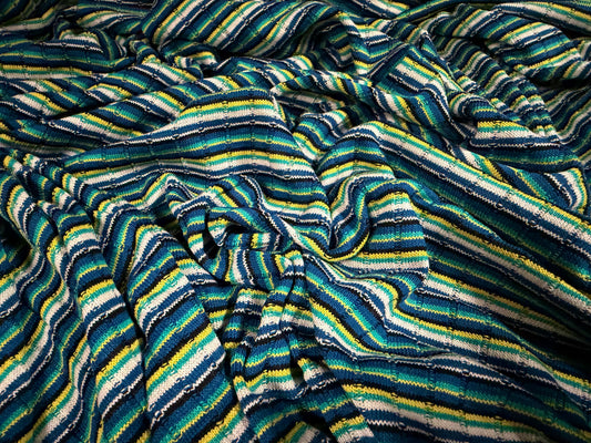 Ribbed knitwear fabric, per metre - stripes - jade green, blue & yellow