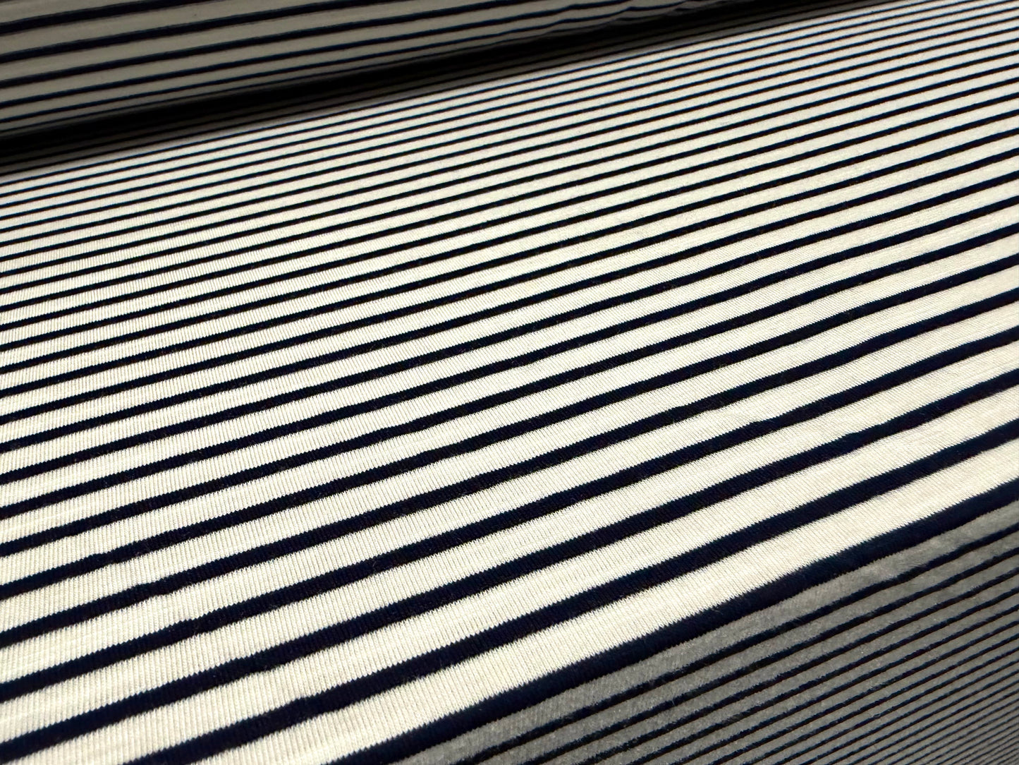 Viscose spandex stretch single jersey fabric, per metre - stripe - navy & ivory