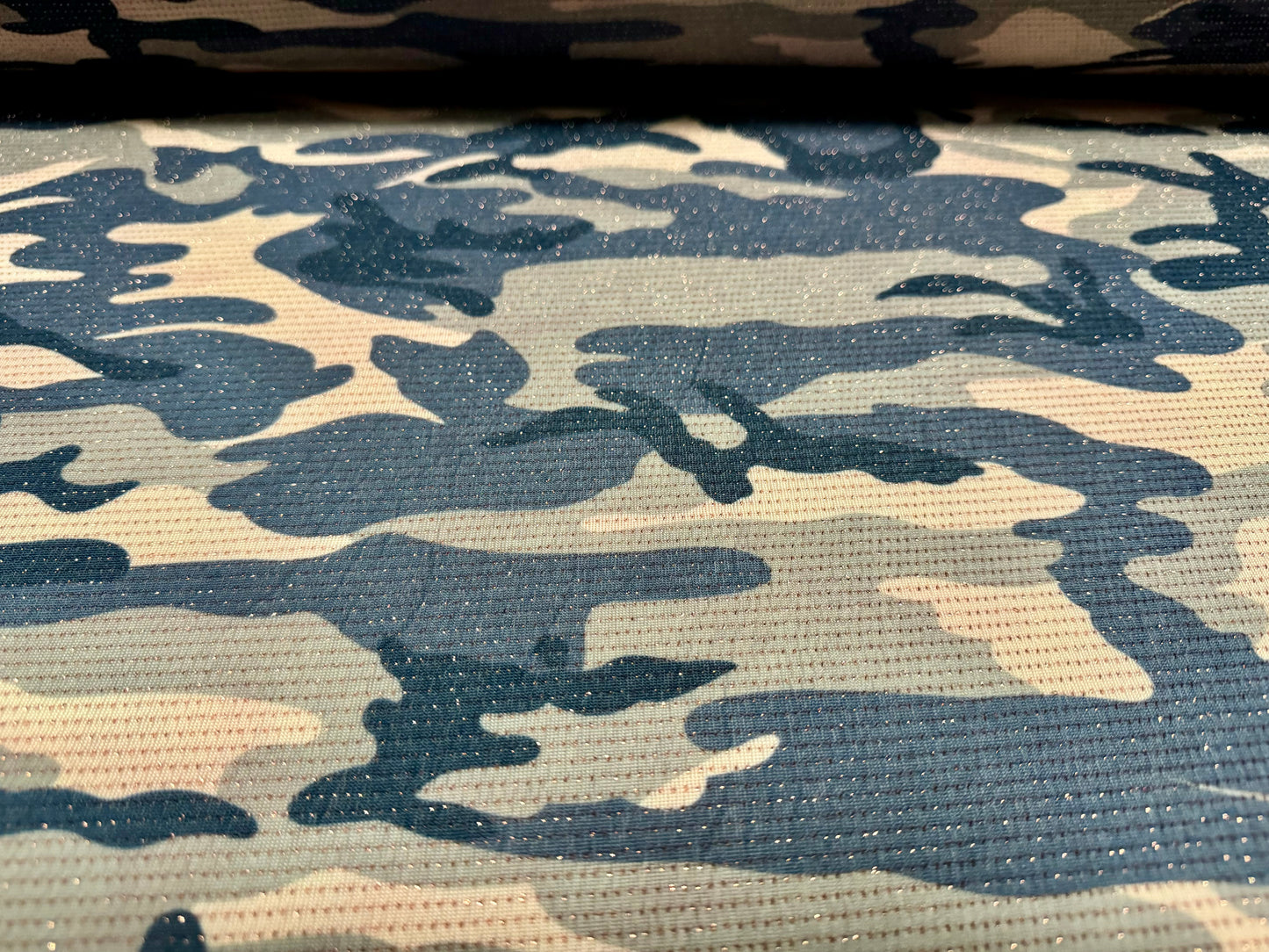 Metallic slinky spandex stretch jersey fabric with gold lurex, per metre - camouflage print - nude sage & grey