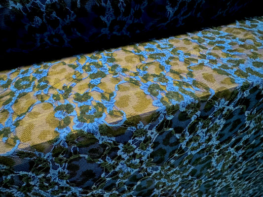 Stretch spandex mesh lace fabric, per metre - cheetah animal print - Royal blue & black