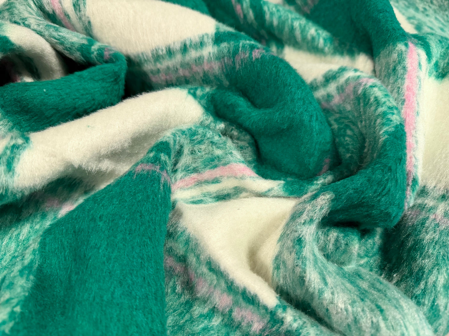 Heavyweight wool flannel brushed coat jacket fabric, per metre - plaid check - green white & pink
