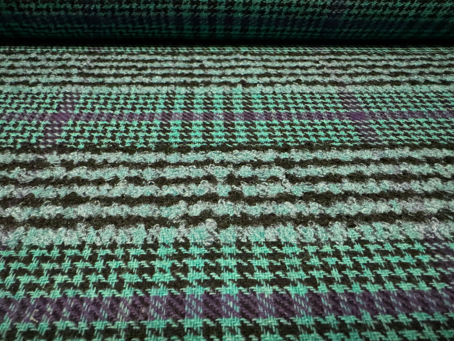 Heavyweight wool bouclé fabric, per metre - plaid - mint green & purple