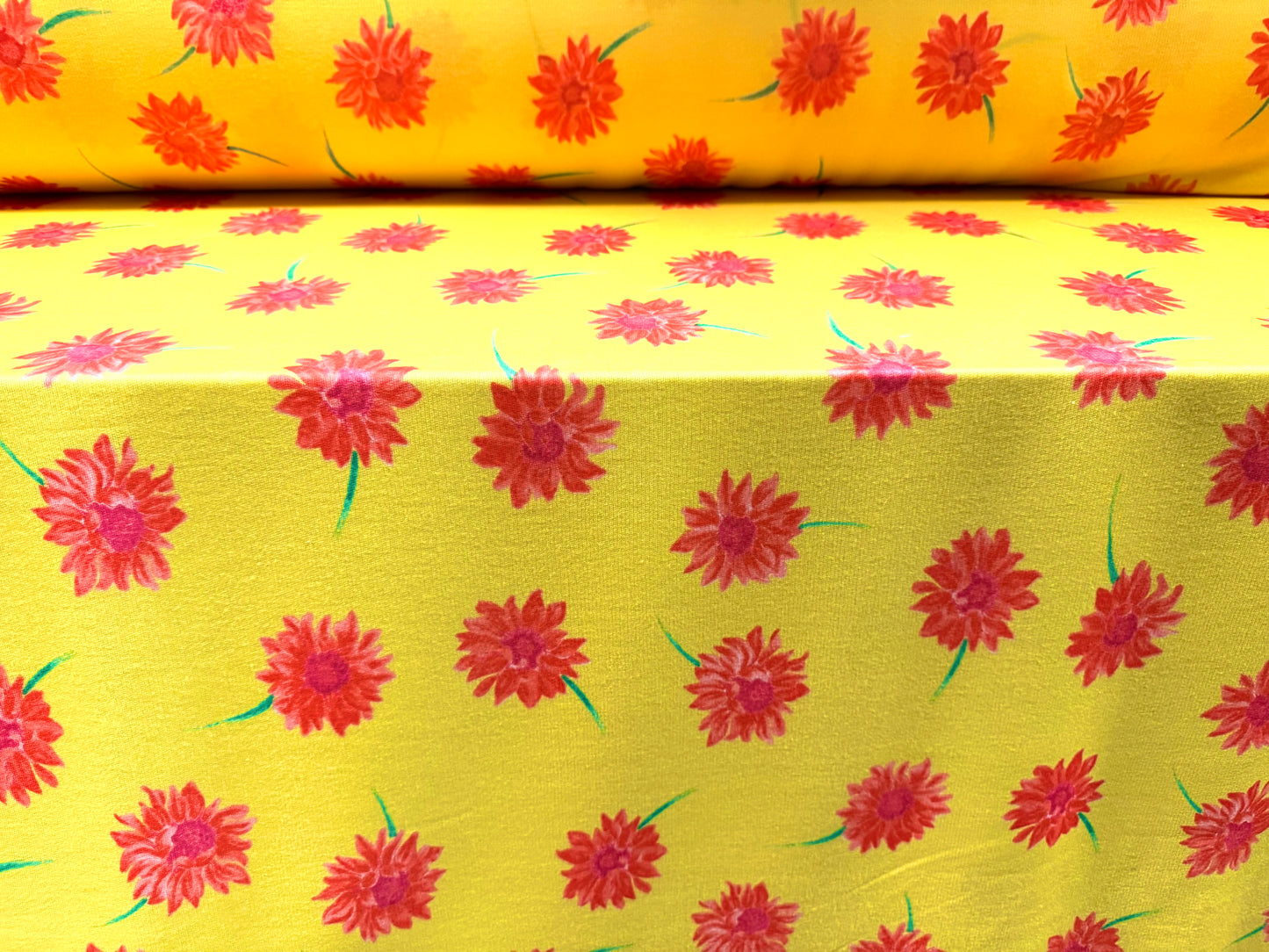 French Terry loopback sweatshirt jersey fabric, per metre - floral print - bright yellow & pink