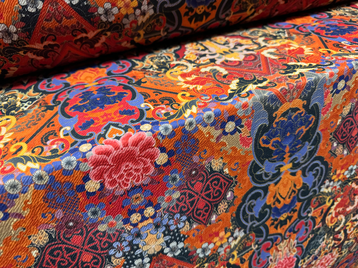 Scuba textured ‘Liverpool’ stretch spandex jersey fabric, per metre - Modern Damask print - orange & blue