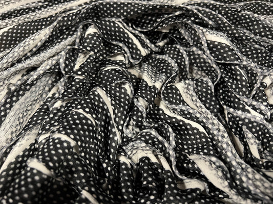 Stretch ra-ra frilled jersey fashion fabric, per metre - micro dot print - black & ivory